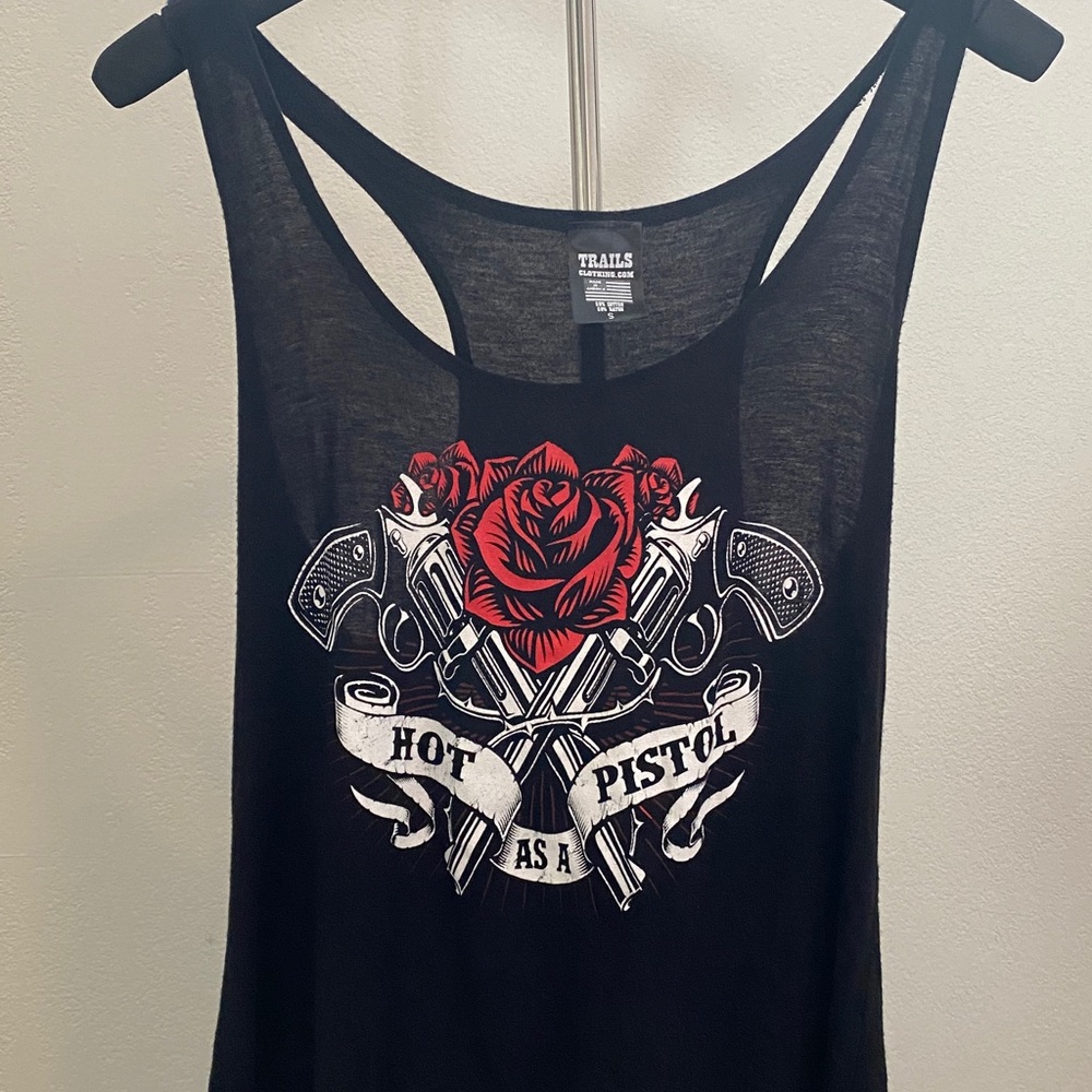 Black Tank Top with Red Rose and Pistols Graphic